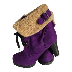 Purple Women’s Platform Fur Lined Ankle Boots with Foldable Cuffs Size 10